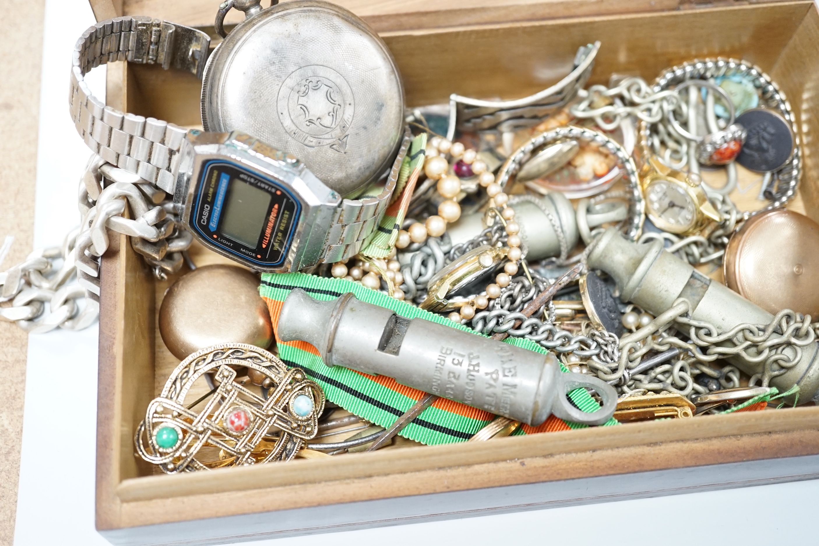 A heavy 925 curb link bracelet, a silver pocket watch by Graves of Sheffield, a gold plated sovereign case and other sundry jewellery etc. including costume and two whistles.